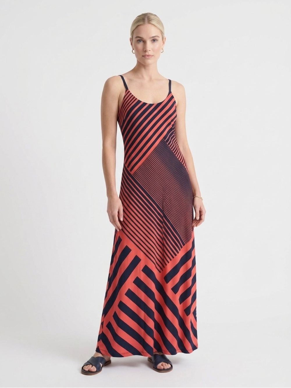 💄 Bailey Blue Maxi Dress in Pinkish Red w/ Navy Stripes | Women’s Sz Sm